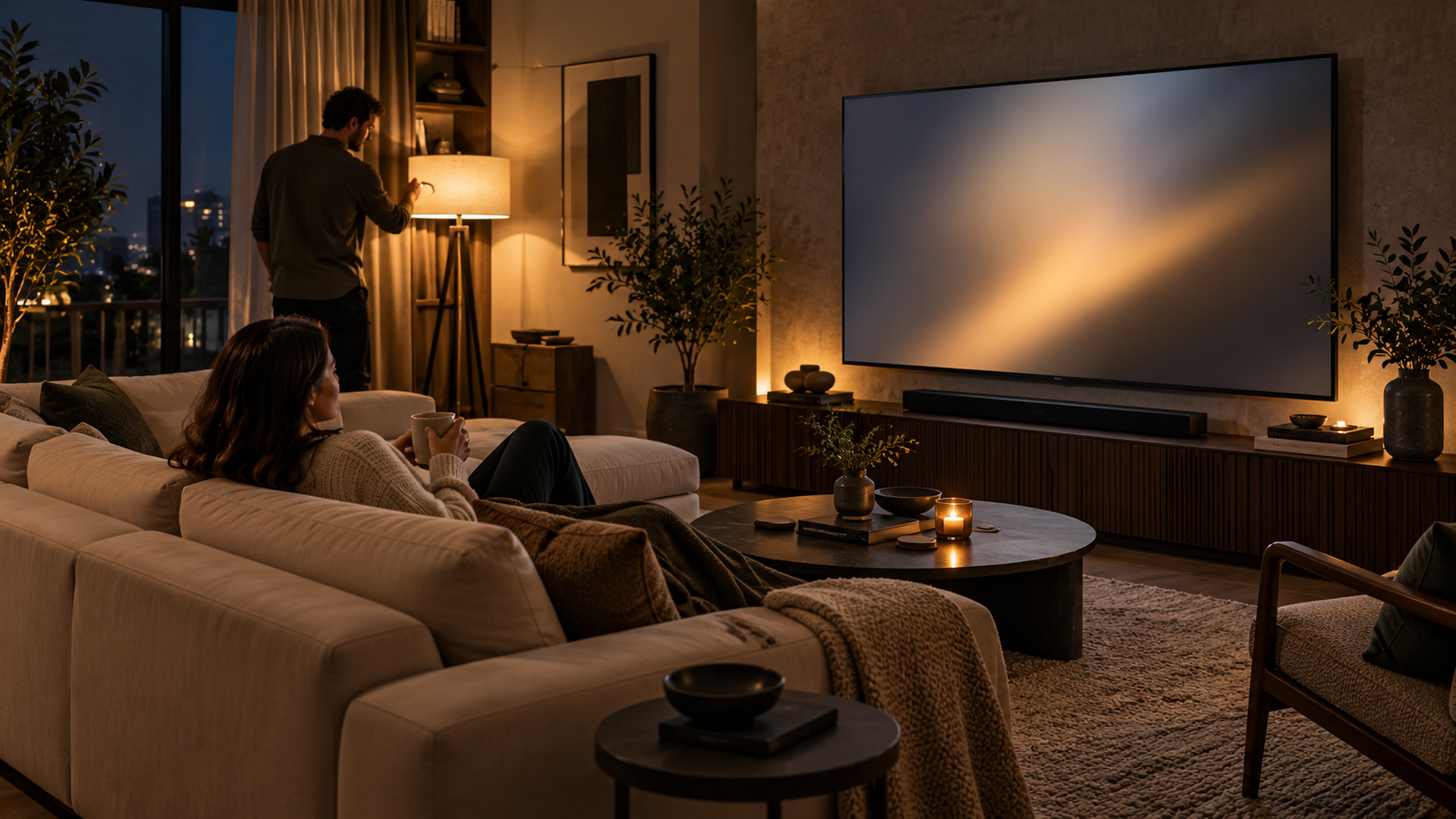Warmly lit living room arranged for a movie night