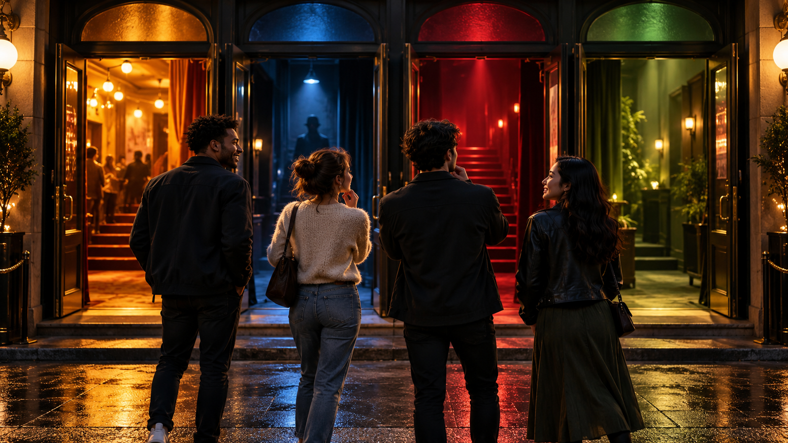 Friends choosing a movie mood at a cinema entrance